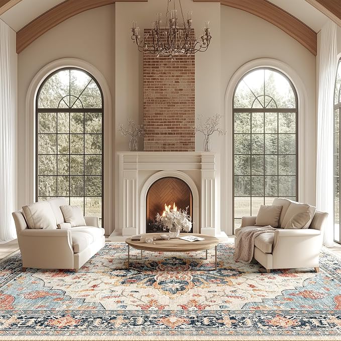 RELEANY Washable Area Rug, Large 10'x14', Beige/Blue/Orange | Non-Slip, Water Repellent, Pet Friendly, Easy to Clean, Vintage Floral Boho Decor for Living Room Bedroom Dining Room