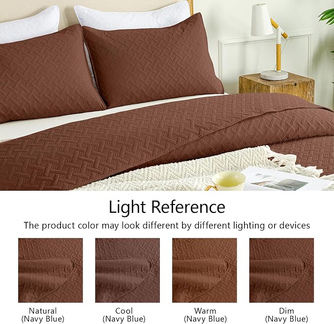 FLYMME King/Cal King Size Quilt Bedding Set, Brown Lightweight Microfiber Bedspread, Modern Geometric Weave Stripe Pattern, Soft Summer & All-Season Bed Coverlet, Includes 1 Quilt & 2 Shams