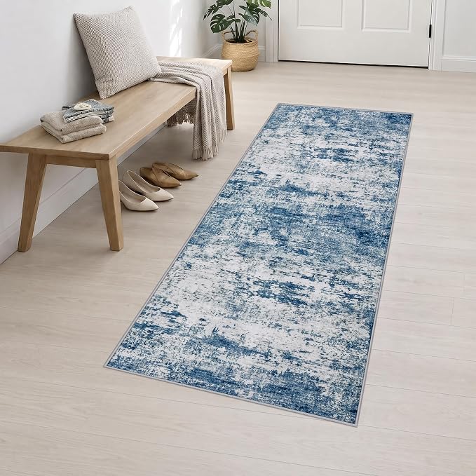 2.6x8 Washable Runner Rug：Modern Abstract Kitchen Soft Carpet Blue | For Hallway, Bedroom, Kitchen, Laundry, Bathroom,Door Mat,Modern Abstract,Machine washable,Non-Slip,Stain Resistant,Indoor