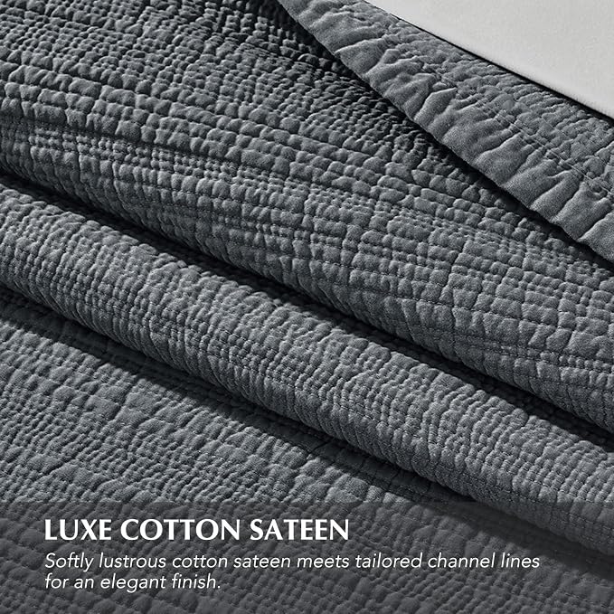 EVERGRACEHOME Cotton Sateen Channel Quilt Set, Queen Size, Midnight Blue | 100% Cotton, Pre-Washed Soft Coverlet Bedspread, 3-Piece Refined Channel Stitch Bedding Set for All Season, 2 Pillow Shams
