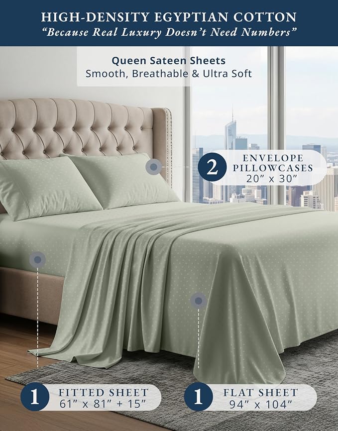LANE LINEN Queen Size Deep Pocket Sheet Sets Sateen Weave - Mineral | Sheets For Queen Size Bed - 4-Piece Set, For A Luxurious Night's Sleep, For Guests And Everyday Use, Luxe Sheen,