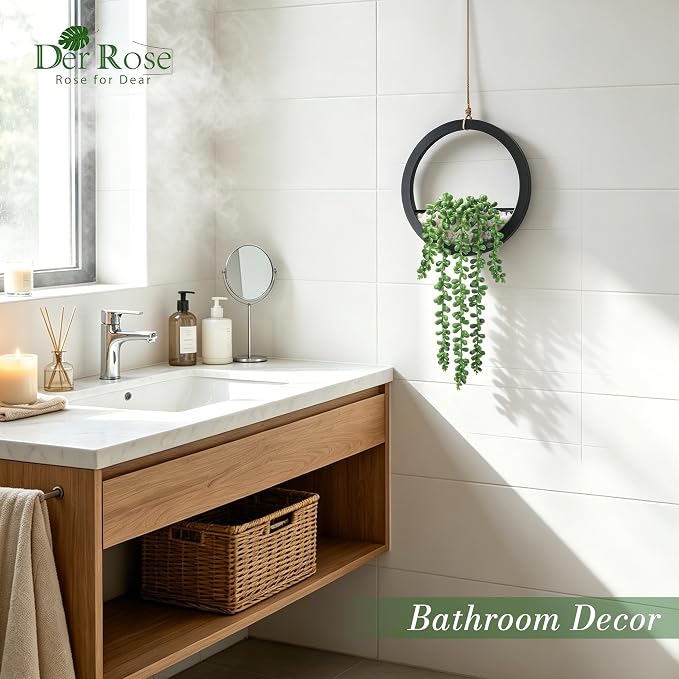 Der Rose 2 Pack 16" Artificial Hanging Plants in Black Pots for Wall Decor | Hanging succulents plants，faux string of pearls plants,great for bathroom bedroom living room boho wall decor，fresh all year