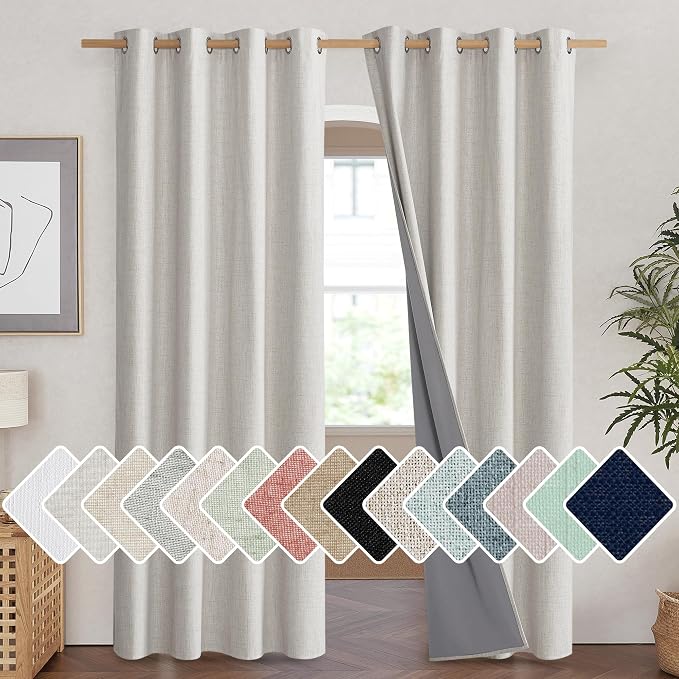 NICETOWN Snowbound Vintage Linen 100% Blackout Curtains for Living Room, Thermal Insulated Curtains 84“ Long, Noise Reducing Window Treatment Drapes for Hall Room, 52" Wide Per Panel, Set of 2