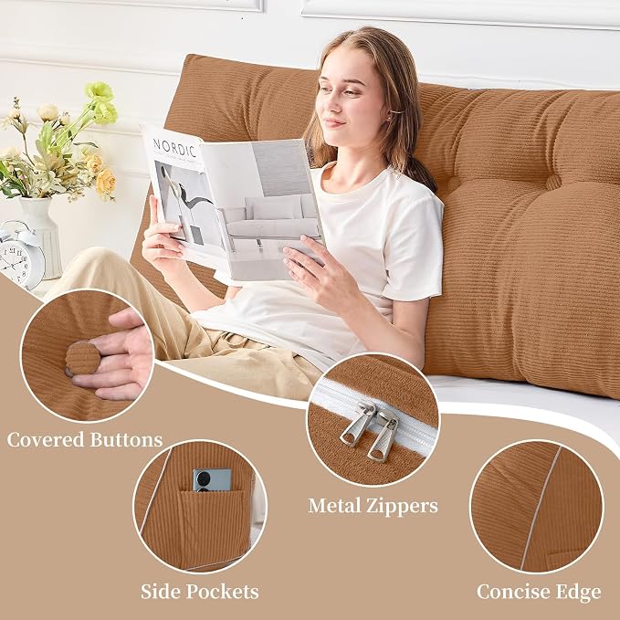 Sasttie Headboard Pillow King, Wedge Pillow Headboard, Caramel | Triangle Backrest Cushion for Sitting or Reading in Bed, Dorm Essentials, OEKO-TEX, Down Alternative Fill, Side Pockets