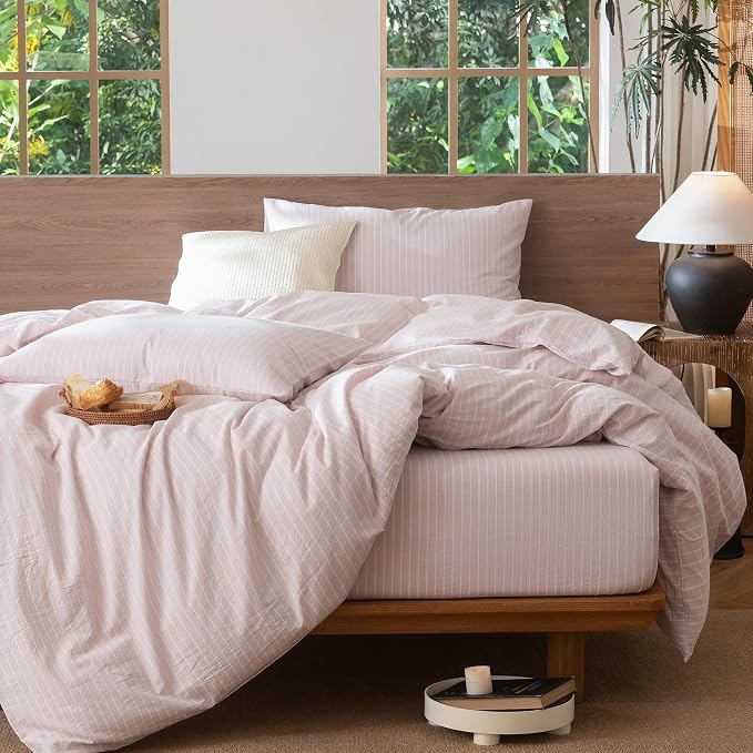 MooMee Striped Duvet Cover Set 100% Washed Cotton Linen Like Queen | Relaxed Linen-like Texture. Soft, Breathable & Long-lasting Comfort. Lightweight. Hidden Zipper with 8 Interior Corner Ties