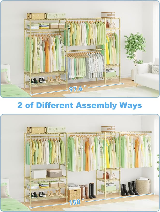 Ulif E11 Heavy-Duty Garment Rack, Metal Clothes Rack, Load 1034lbs, Gold | Freestanding Expandable Closet Storage Organizer System with 8 Shelves and 4 Hanger Rods, (73.2-97.6)"W x 14.5"D x 71.2"H