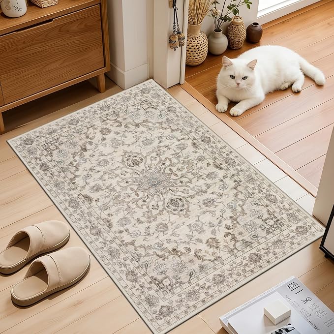 2x3 Area Rugs Living Room: Washable Rug for Bedroom Brown Beige | Boho No Slip Stain Resistant Rug Soft Indoor Decor Floor Floral 2x3 Area Rugs for Dining Room, Nursery, Hallway, Home Office