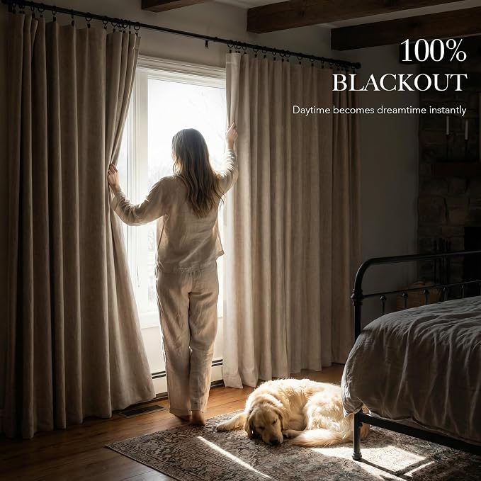 RYB HOME Burlap 100% Blackout Linen Curtains 120 Inch Long for Living Room | Thick Elegant Extra Long Drapes, Modern Vintage Farmhouse, Thermal Insulated Window Treatment For Loft, W52 x L120, 2 Panels