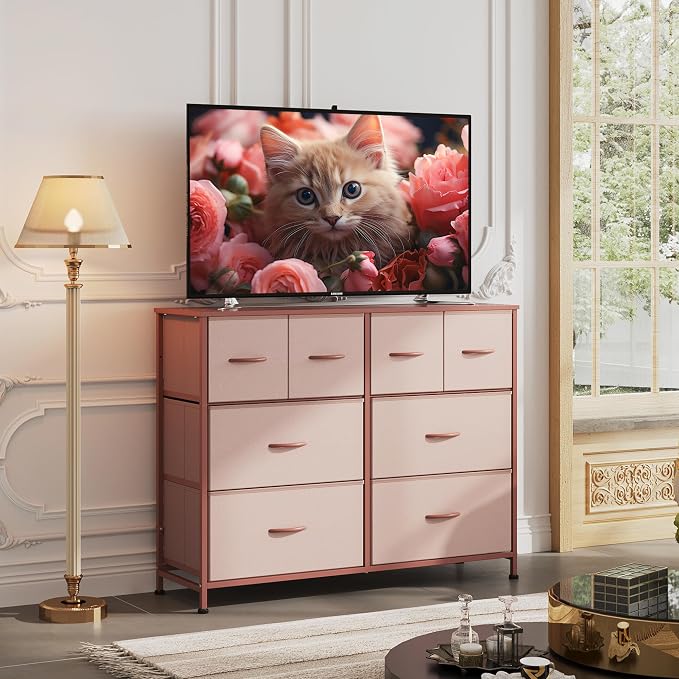 WLIVE Wide Dresser for Bedroom, 8 Drawer Chest of Drawers, Pink | 8 roomy fabric drawers, Wide storage design, Bedroom or closet use, Sturdy steel frame, Smooth wood tabletop