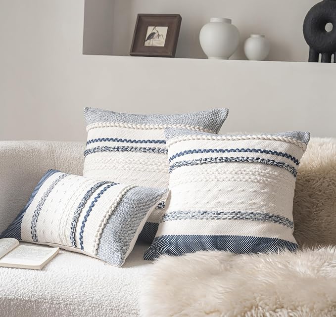 Cethom Boho Throw Pillow Covers 18x18 Inch Set of 2, Navy Blue Textured Decorative Couch Pillow Cases for Farmhouse Home Decor, Accent Cushion Cover for Sofa, Bed, Living Room, Bedroom
