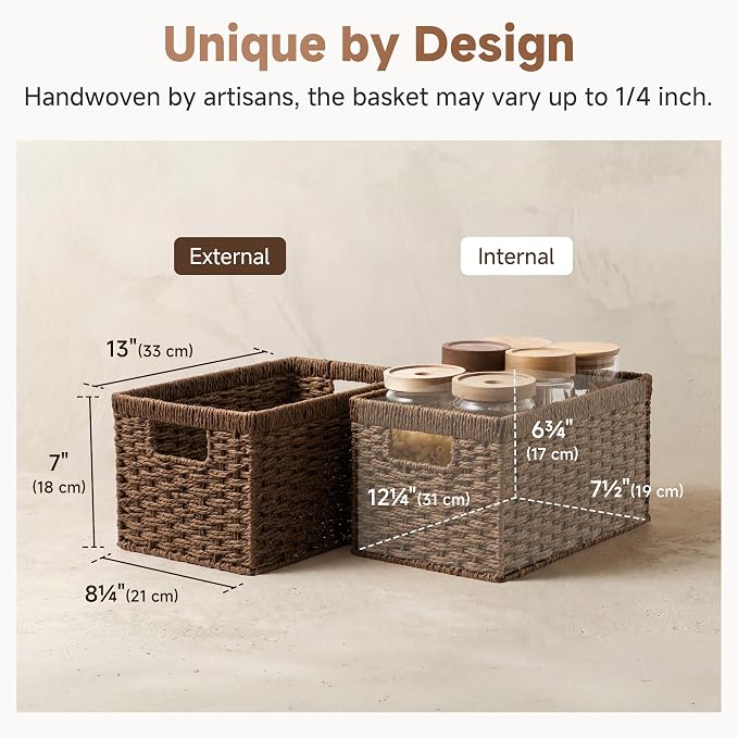 StorageWorks Rectangular Wicker Storage Baskets for Organizing, 2-Pack | Paper Rope Wicker Storage Baskets for Shelves, Dark Brown Wicker Baskets with Handle, Brown Baskets for Storage,Woven Baskets