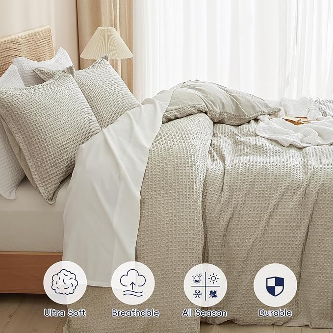 PHF Waffle Duvet Cover Twin/Twin XL, Soft & Breathable, 68"x90", Linen | 300GSM Fabrie，No Snagging Textured Honeycomb Comforter Cover for All Season 3pcs, Durable Bedding Duvet Set, Home Decor Gift