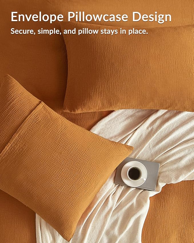 SE SOFTEXLY Muslin Duvet Cover Queen Size, 100% Washed Cotton Duvet Cover Set, Ultra Soft Comforter Cover Linen Like, 3 Pieces Minimalist Gauze Duvet Cover with 2 Pillowcases, 90"x90", Pumpkin