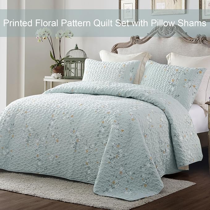 Exclusivo Mezcla Reversible Boho California King Quilt, Aqua | Lightweight Soft Bedspreads, All Season Flowers Coverlet Bedding Set, Printed Floral Pattern, 1 Quilt and 2 Pillow Shams