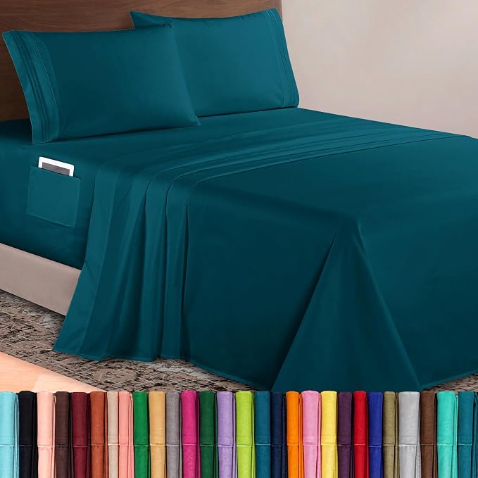 Elegant Comfort Luxurious 1500 Premium Hotel Quality Microfiber 4-Piece Sheet Set, 18-24 Inches Deep - Extra Deep Pocket Sheets - Ultra Soft 4PC Deep Pocket Sheets, King, Marine Teal