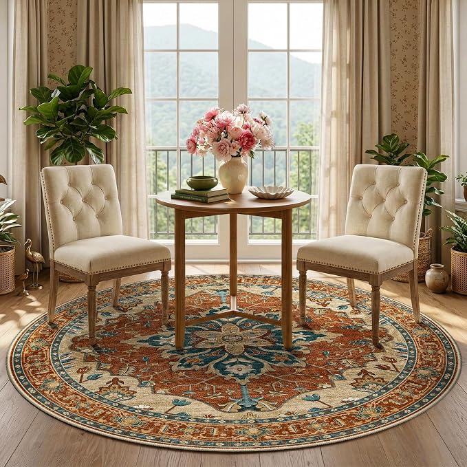 RELEANY Washable Area Rug, Round 5ft, Red/Orange/Blue/Brown | Non-Slip, Water Repellent, Pet Friendly, Easy to Clean, Vintage Floral Boho Decor for Living Room Bedroom Dining Room
