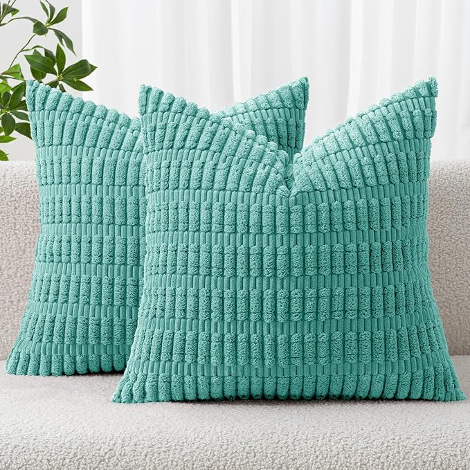 MIULEE Corduroy Decorative Throw Pillow Covers 20x20 Aqua Green Pack of 2 | Soft Boho Striped Pillow Covers Modern Farmhouse Home Decor For Sofa Living Room Couch Bed