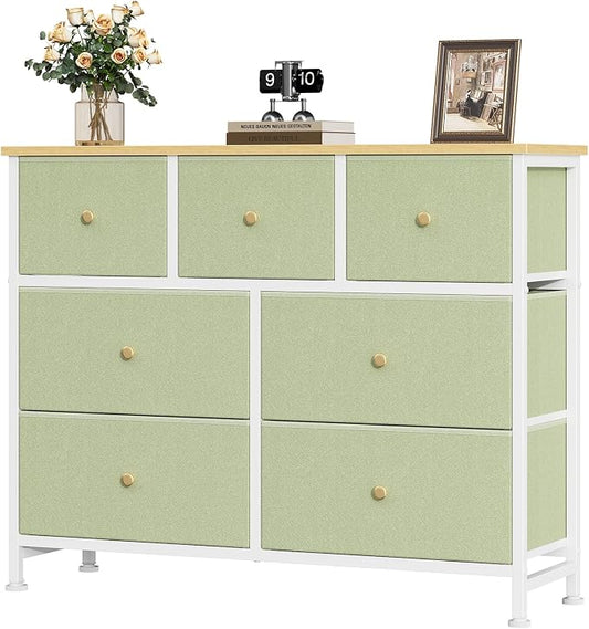OLIXIS 7 Drawer Fabric Dresser, Storage Tower for Bedroom and Closet | Easy-Pull Bins for Closet Organizers, Chest of Drawers with Steel Frame & Wooden Top for Living Room, Entryway, Light Green