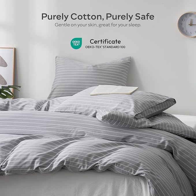 JELLYMONI 100% Cotton Wide Striped Full Duvet Cover Set, Gray/White | Classic Stripes, 8 Corner Ties & Double-Head Hidden Zipper, Breathable and Soft, For Guest Room