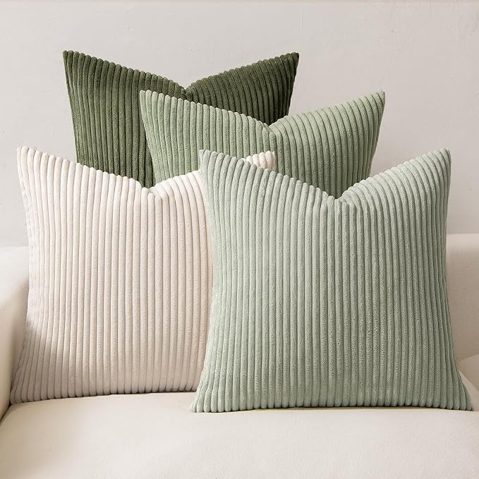MIULEE Soft Corduroy Decorative Throw Pillow Covers Light Green 24x24 | Set of 4, Mordern Nordic Decor, Light Green Gradient Matching, Boho Farmhouse Cushion Covers for Couch Bed Sofa Living Room