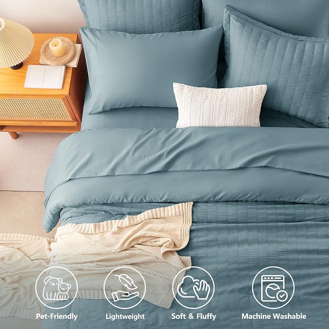 King Comforter Set, 7 Pieces Mineral Blue Seersucker Bed in a Bag | OEKO-TEX Certified, All Season Bedding Set with 240 GSM Down Alternative Comforter, Flat & Fitted Sheets, Pillowcases & Shams