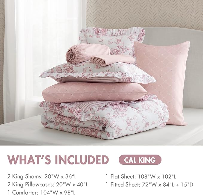Madison Park Essentials Pink Floral Comforter Set with Sheets Cal King,7pc | Vintage, Ruffle Bed in a Bag, Reversible, Elegant Bedding Set, All Season, Machine Washable, Wrinkle Resistant, Ultra Soft