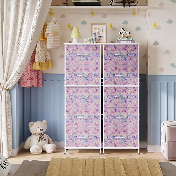 WLIVE Tall Dresser for Bedroom, 5 Drawer Dresser, Tie-Dye | 5 vertical fabric drawers, Tall vertical design, Bedroom or closet use, Dresser for small spaces, Chest of drawers