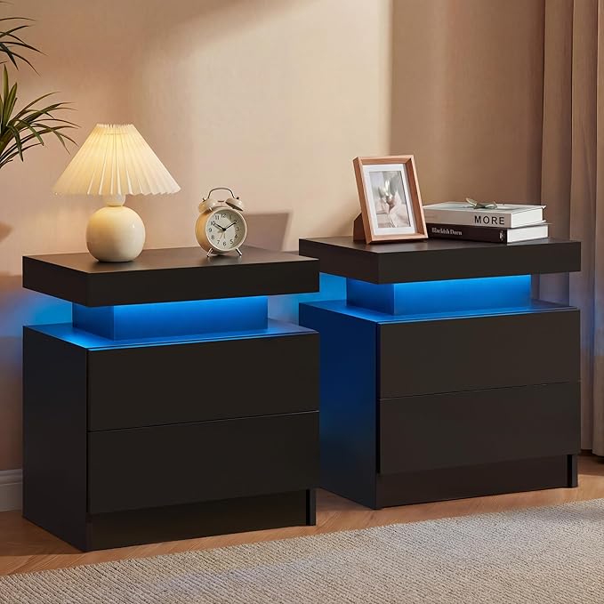 i-aplus Black Modern LED Nightstand Set of 2 with 2 Wood Drawer for Bedroom | Nightstands with App-Controlled RGB LED Lights, Night Stand with Storgae Drawer, Modern Bedside Table for Bedroom