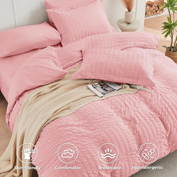 HYMOKEGE Rose Pink Queen Comforter Set Seersucker 7 Pieces, All Season Luxury Bed in a Bag Queen for Bedroom, Bedding Set with Comforter, Sheets, Pillowcases & Shams