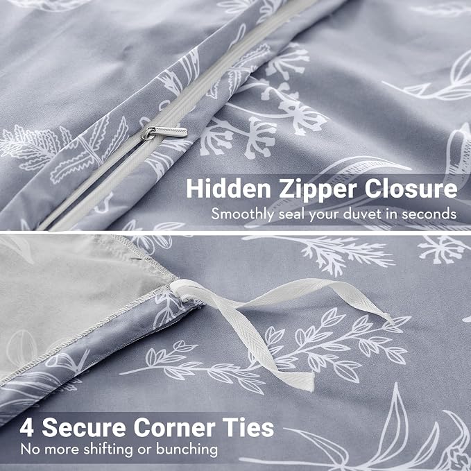 MUXHOMO Duvet Cover King Size, Reversible Floral Grey Duvet Cover Set with Zipper Closure, 3 Pieces Botanical Patterns Soft Microfiber Bedding Set (90"x104", 2 Pillow Cases 20"×36")