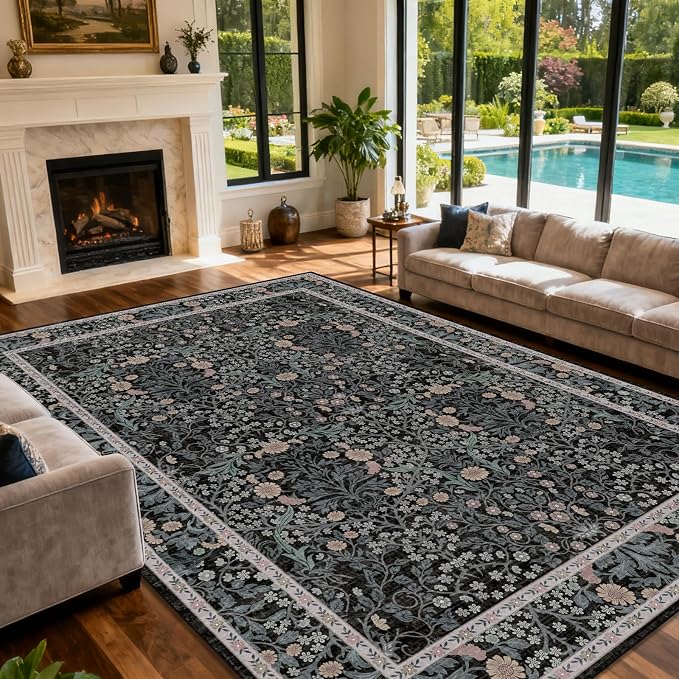 Vintage Black Living Room Rug, 9x12 Washable Area Rugs for Dining Room Under Table, Soft Low Pile Large Carpet Bedroom, Non-Slip Boho Floral (9 x 12 Black)
