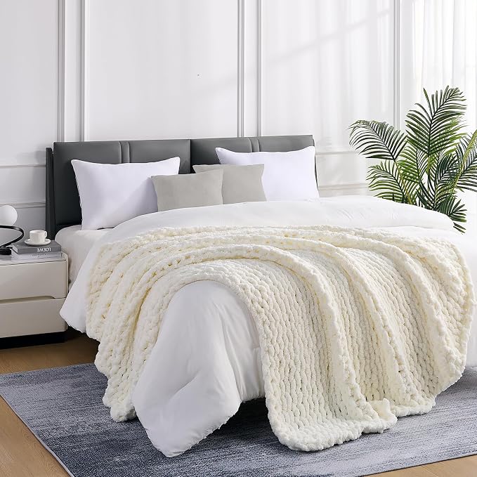 L'AGRATY Chunky Knit Throw Blanket for Couch, 80 x 90 Inches, Cream White | Handmade Chenille Crochet Blanket for Sofa Bed, Thick Cable Knitted Blankets for Room Home Decor, Birthday Gift for Women Mom