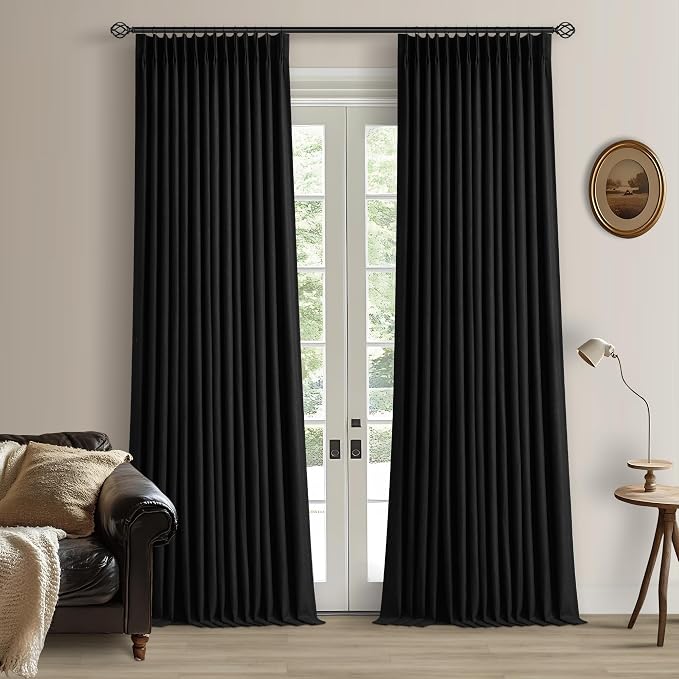 Black Linen 100% Black Out 120 Inch Curtains for Living Room | Pinch Pleated Back Tab Drapes, Thermal Insulated Full Black Out, Extra Long Curtains for High Ceiling, W40xL120 2 Panels