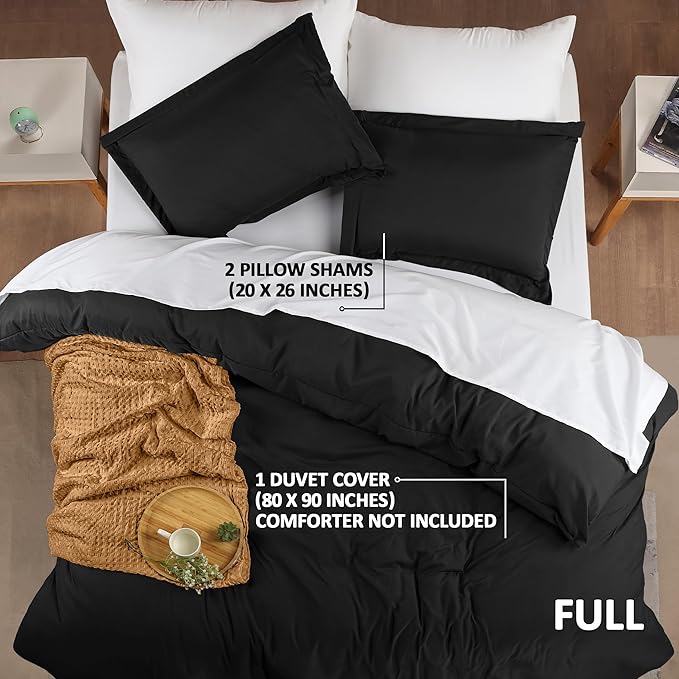 Duvet Cover Full, 3 Piece Cotton Like Polyester With Zipper Closure, Black | Extra Soft and Breathable, Wrinkle & Fade Resistant, Includes Duvet Cover and 2 Pillow Shams, Comforter Not Included, OekoTex