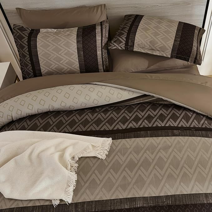 Cottolester Boho Fall Comforter Set Queen Size,Striped Bed in a Bag | Light Brown Plaid Comforter Set,7 Piece Soft Microfiber Bedding Sets