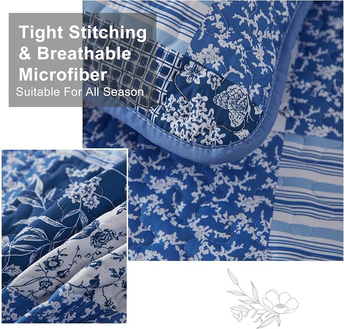 Mybedsoul King Size Quilt, Boho Patchwork Floral Bedding Set, Blue | Soft Lightweight Microfiber Coverlet Set, 3 Pieces Plaid Reversible Bedspread, Bed Sets for All Seasons 90"x110"