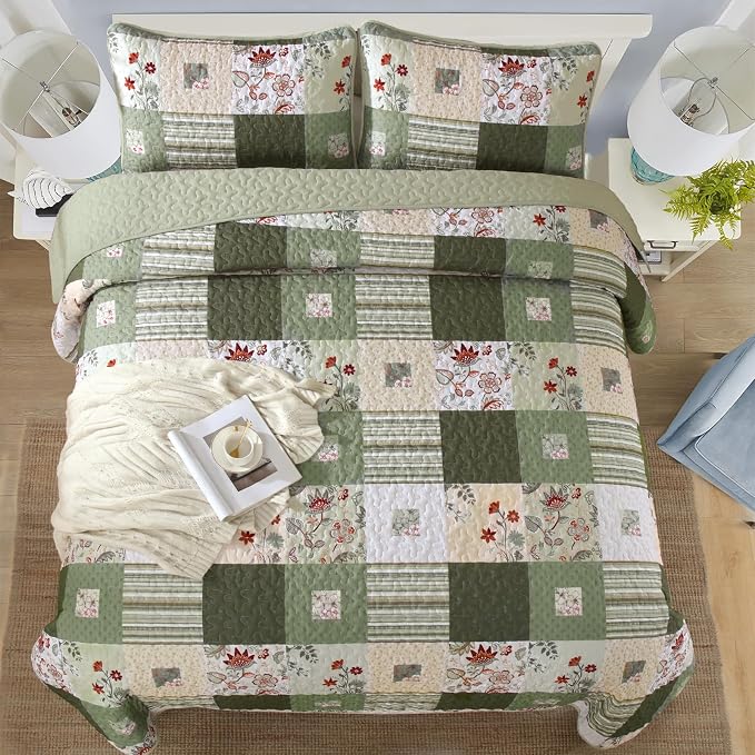 Anibedding Patchwork Quilt Set Queen Size, Green Floral Plaid Bedspread | 3 Pcs Country Floral Coverlet Set, Soft Lighweight Farmhouse Quilt Bedding Set 3 Pieces for All Season, 96''x90''