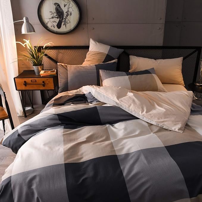 Queen Comforter Set Plaid 3 Pieces Soft Bedding Comforter Vintage Style Checkered Gingham Queen Comforter Set for All Seasons 1 Comforter and 2 Pillowcases