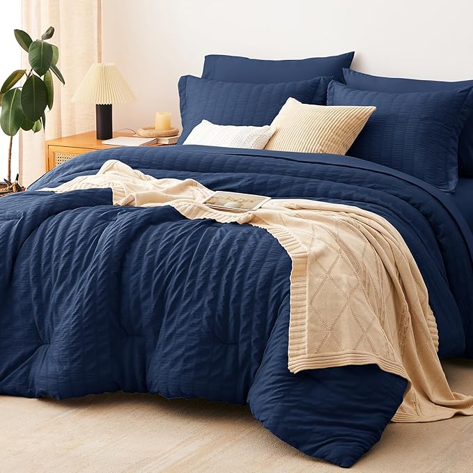 Full Size Comforter Sets 7 Pieces Navy Blue Seersucker Bed in a Bag | OEKO-TEX Certified, All Season Bedding Set with 240 GSM Down Alternative Comforter, Flat & Fitted Sheets, Pillowcases & Shams