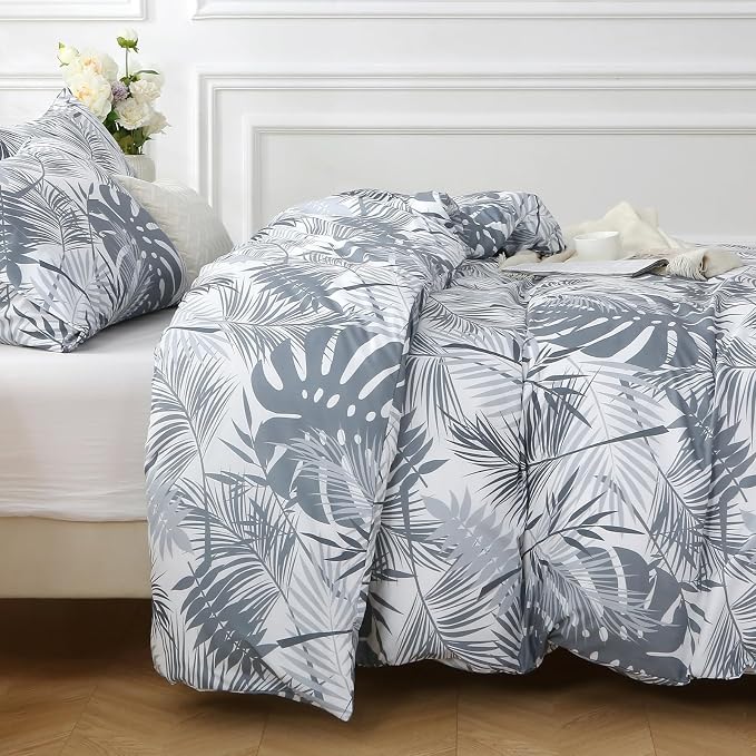 MUXHOMO Duvet Cover Twin/Twin XL Size Set, Reversible Floral BlackGrey Duvet Cover with Zipper Closure, 2 Pieces Botanical Patterns Soft Microfiber Bedding Set with 4 Ties (68"x90", 1 Pillow Case)