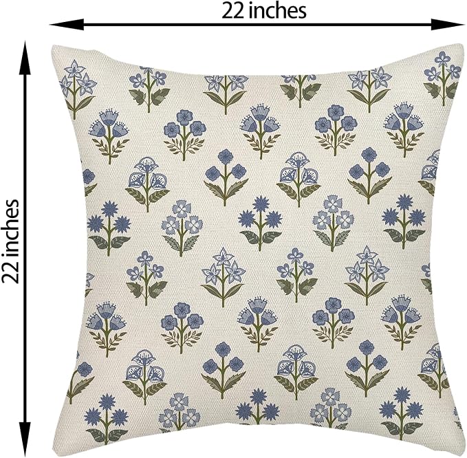 Blue Green Pillow Covers 22x22 Inch 2 Pcs Block Print Vintage Floral Decor Throw Pillows Boho Flower Spring Summer Outdoor Seasonal Decoration Pillowcase Linen Cushion Cover for Couch Sofa
