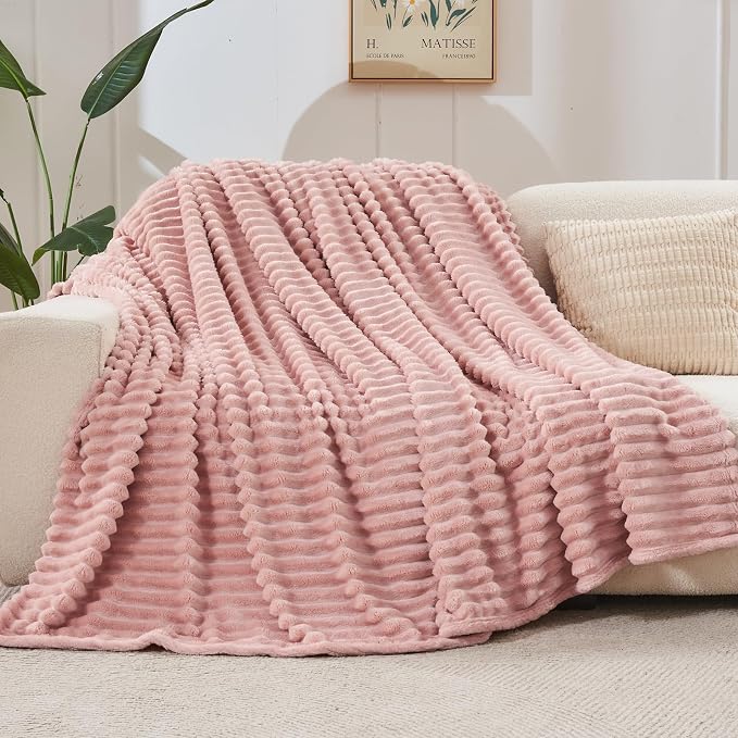 NEWCOSPLAY Fleece Ribbed Cozy Twin Blanket for Couch, Pink, 60"x80" | Premium Silky Flannel Blanket, Soft Lightweight Fluffy Throw Blanket for Bed Sofa Decor, Gift for All Season Use