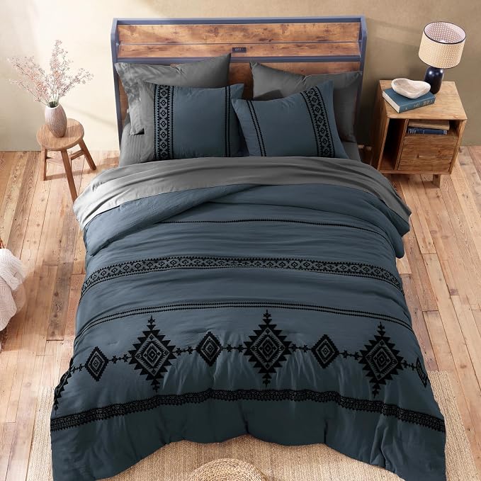 MaiRêve Embroidery King Size Comforter Set 7 Pieces Blue Grey Bed in a Bag | Western Boho Farmhouse Bedding Sets with Comforter, Sheets, Pillowcases & Shams