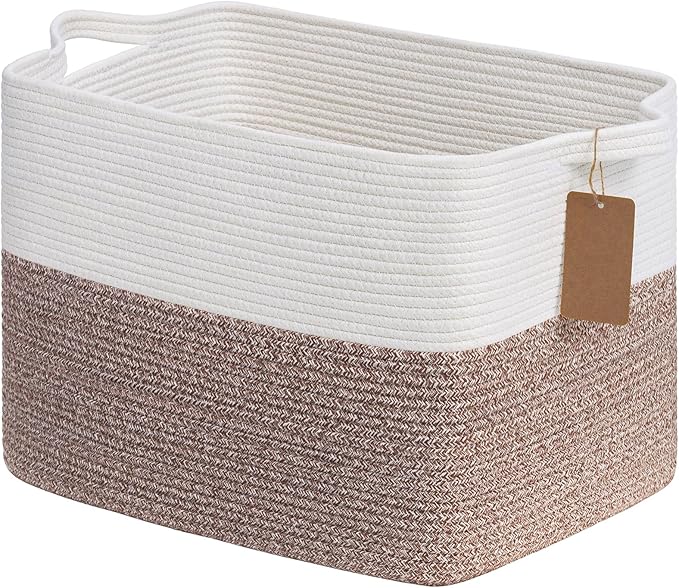 Goodpick 50L Large Woven Rope Storage Basket, Rectangle, Brown | 18" × 14" × 12" Decorative Gift Basket for Living Room & Nursery Organization, Fits Blankets, Toys & Clothes Storage