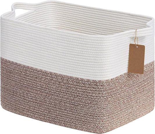 Goodpick 50L Large Woven Rope Storage Basket, Rectangle, Brown | 18" × 14" × 12" Decorative Gift Basket for Living Room & Nursery Organization, Fits Blankets, Toys & Clothes Storage