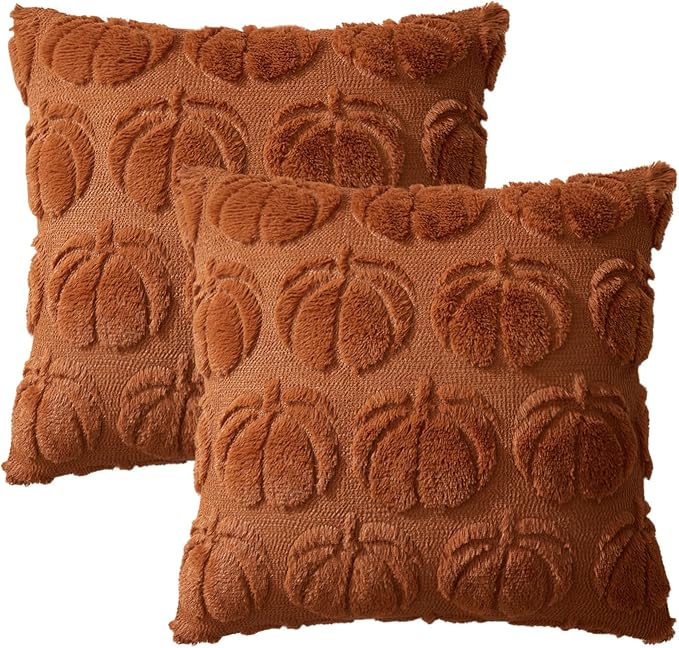 MIULEE Fall Pillow Covers Pumpkin Fall Decor 16x16 Dark Rust | Set of 2 Fall Decorations for Home, Plush Faux Fur Farmhouse Accent Pillowcases, Porch Sofa Couch Cushion Bed Livingroom