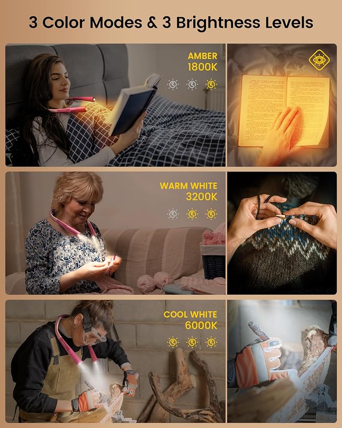 Glocusent Upgraded LED Neck Reading Light, Book Light for Reading in Bed | 30-min Timer, 3 Colors & 3 Brightness, Rechargeable, Eye-Caring Perfect for Women, Knitting,Crocheting, Repairing,Christmas