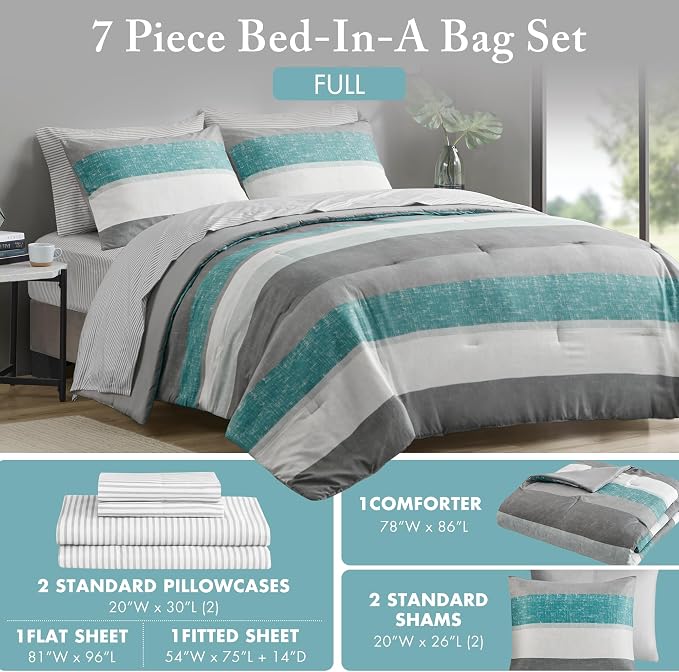 Madison Park Essentials Full Comforter Set, Bed in A Bag Comforter & Sheet Set, Modern Casual Stripes Print, All Seasons, Soft Microfiber Bedding Makeover, Matching Shams, Full Aqua/Grey 7 Piece