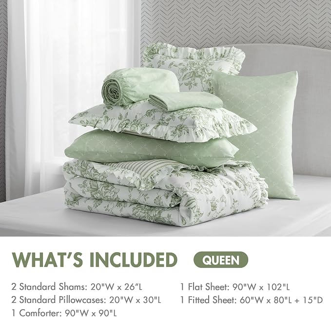 Madison Park Essentials Green Floral Comforter Set with Sheets Queen,7pc | Vintage, Ruffle Bed in a Bag, Reversible, Elegant Bedding Set, All Season, Machine Washable, Wrinkle Resistant, Ultra Soft