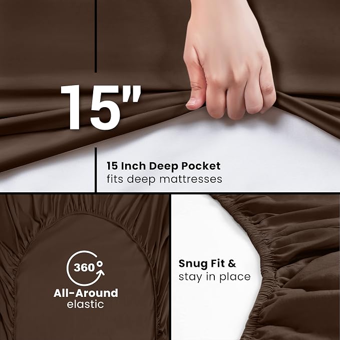 King Fitted Sheet, Ultra Soft Fits Up to 16 Inch Deep Pocket, Brown | Hotel Comfort, Cooling & Breathable Cotton like Polyester, Easy Fit, Wrinkle & Fade Resistant, Snug Fit, Easy Care, Oeko-Tex